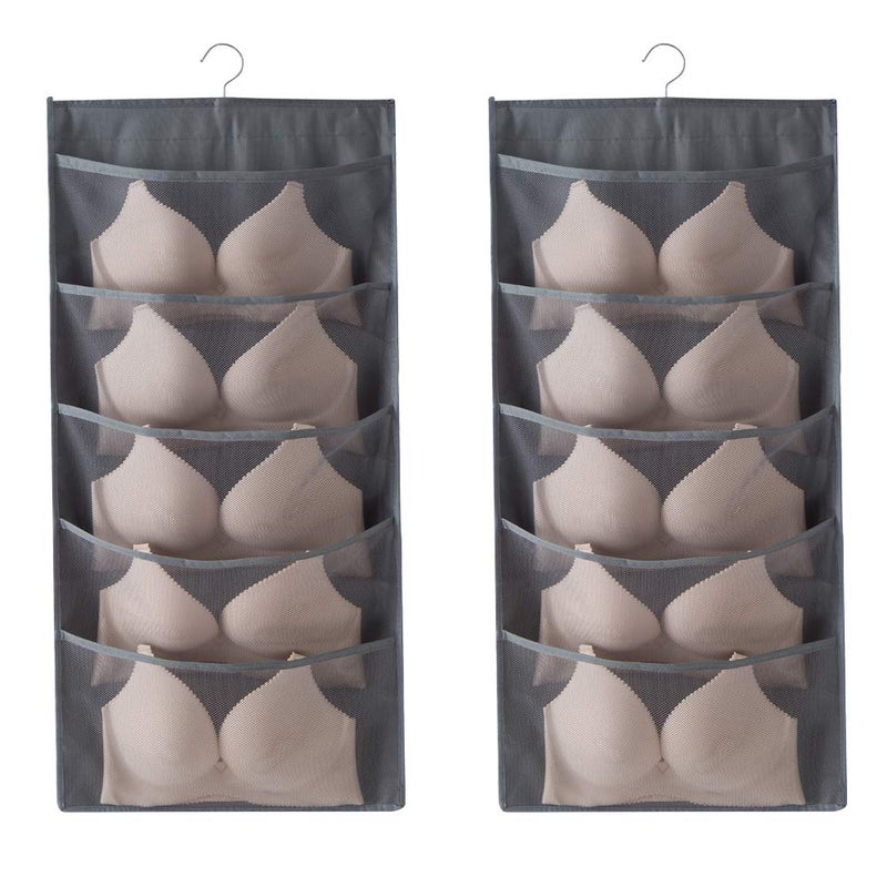 Bseash Enlarged Closet Hanging Bra Organizer with Rotating Metal Hanger, Dual Sided Wall Shelf Wardrobe Mesh Pockets Hanging Storage Bag for Bra Socks Underwear Underpants - Image 1